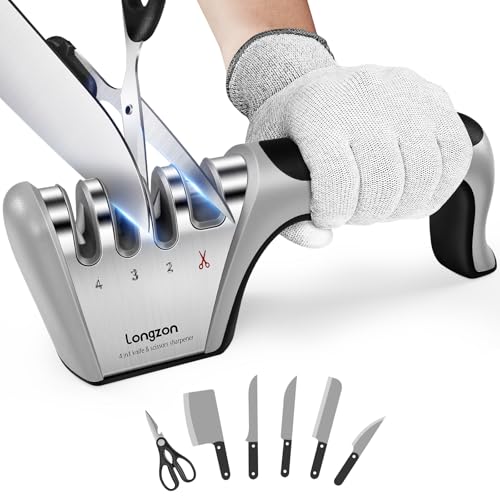 Minimalist Longzon 5-in-1 Knife Sharpener 4 Stage with Cut-Resistant Glove, Quickly Set