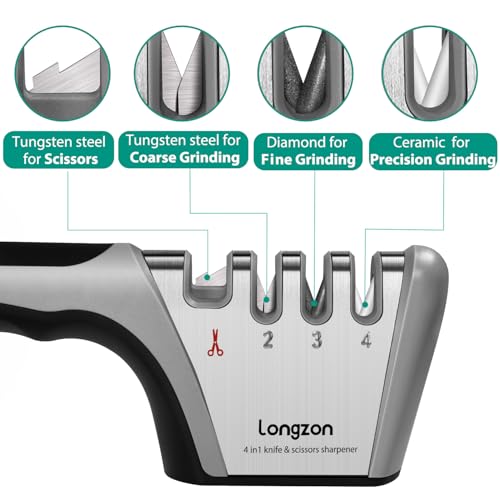 Minimalist Longzon 5-in-1 Knife Sharpener 4 Stage with Cut-Resistant Glove, Quickly Set