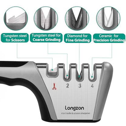Minimalist Longzon 5-in-1 Knife Sharpener 4 Stage with Cut-Resistant Glove, Quickly Set
